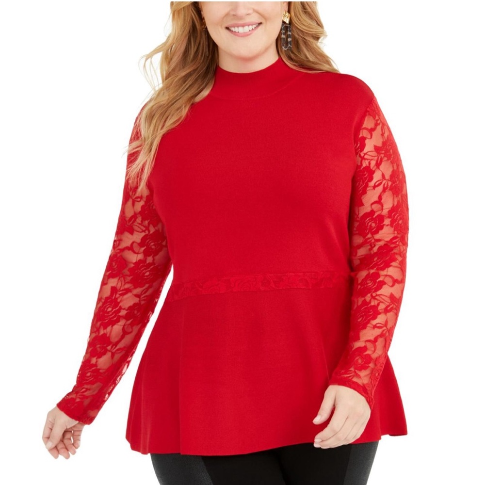 INC International Concepts Plus Red Lace Detail Peplum Sweater Size 1X